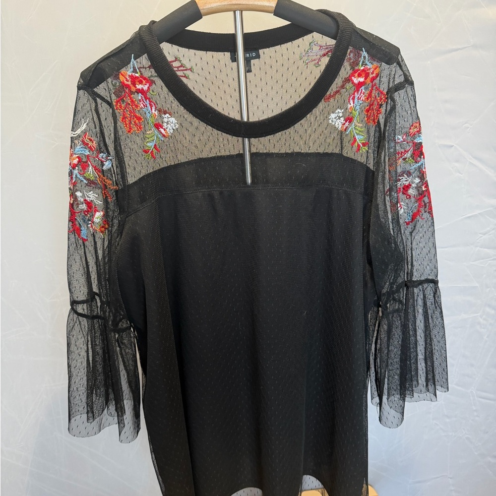 Torrid Black Mesh Top with Floral Details